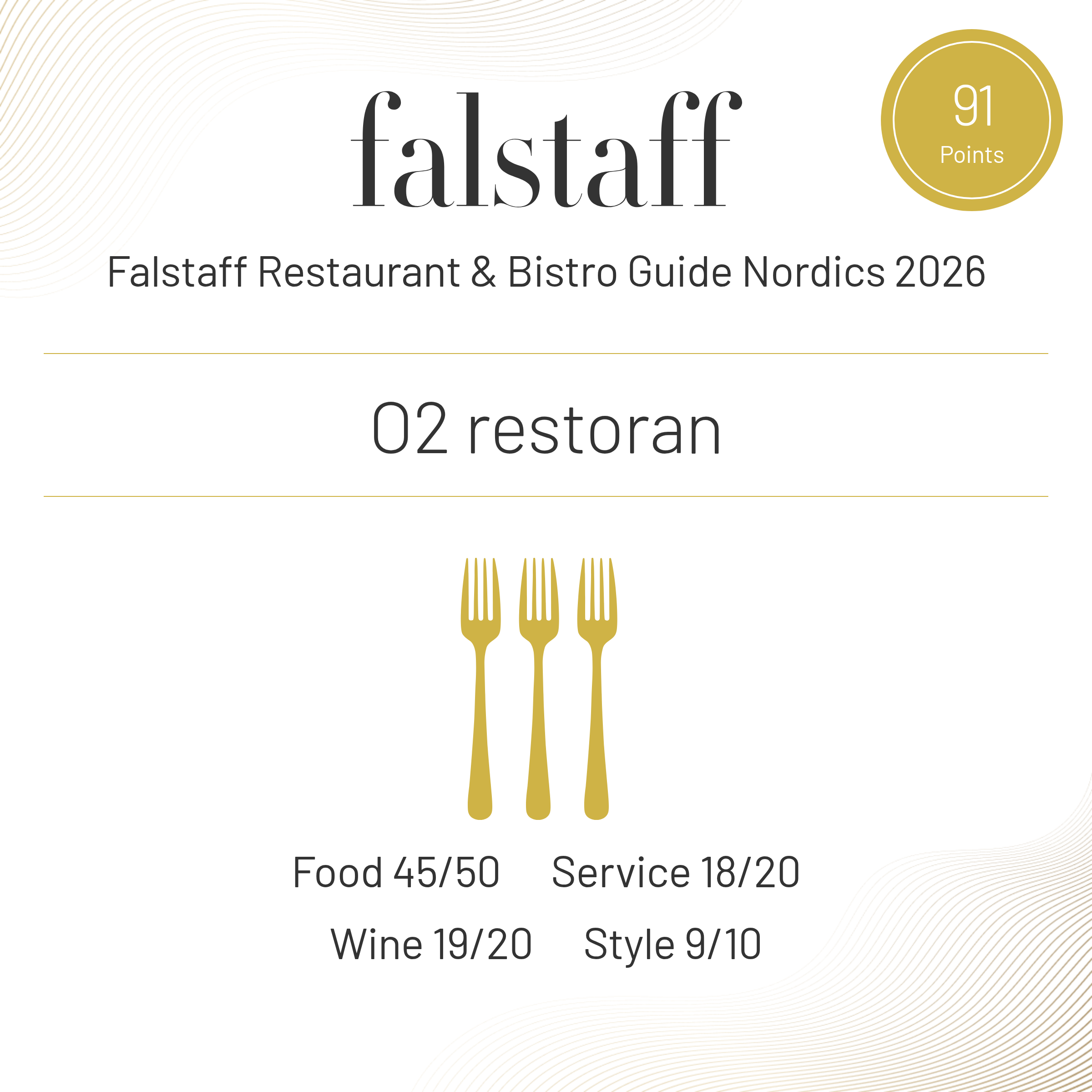 Falstaff on üks mõjukamaid rahvusvahelisi gastronoomia- ja elustiilijuhte, mis hindab restorane põhjaliku 100-punkti süsteemi alusel. Hinnang kujuneb mitme olul